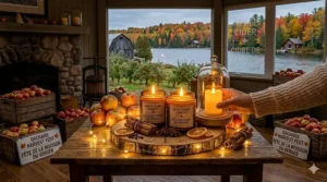 A soft digital drawing showing the warm amber glow of apple cider candles enhancing a home's autumn decor.