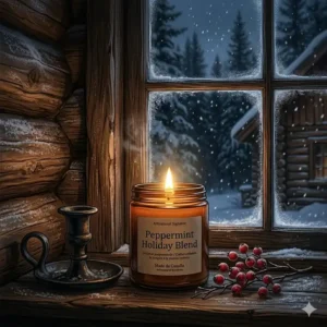 Hand-drawn illustration of a peppermint scented candle glowing inside a snowy Canadian log cabin during the holidays.