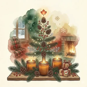 A stylized graphic showing the aromatic notes of a Christmas tree scented candle, including cedar and pine.