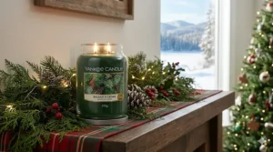 Illustration of a Yankee Candle Balsam and Cedar jar reflecting the fresh aroma of a snowy Canadian forest.