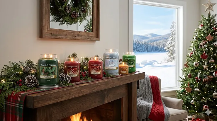 A cozy Canadian living room featuring a collection of Yankee Candle Christmas scents on a wooden mantle decorated with evergreen boughs and festive lights.