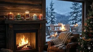 Illustration of glowing Yankee Candles at an outdoor Canadian winter gathering with Adirondack chairs and a fire pit.