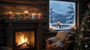 Warm illustration of Yankee Candle holiday scents burning inside a rustic Canadian log cabin during a winter storm.
