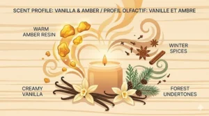 Artistic representation of scent notes featuring vanilla beans, amber resin, and winter spices for a cozy home.