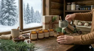 Locally crafted artisan Christmas candle gift sets featuring hand-painted jars and festive holiday botanicals.