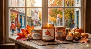 A warm-toned illustration of maple and pumpkin spice scented candles with fall leaves and acorns on a vintage wooden table, set against a blurred background of colorful autumnal trees in Montreal.