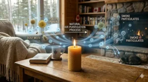 A conceptual science illustration showing how the best beeswax candles naturally purify indoor air by releasing negative ions to neutralize airborne dust and allergens.
