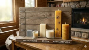 A comparative chart illustrating why beeswax ranks among the best beeswax candles for longest burn times compared to soy and paraffin.