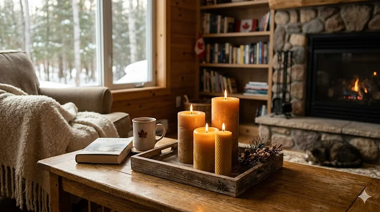 Warm glow from the best beeswax candles burning on a rustic table in a cozy Canadian living room during winter.