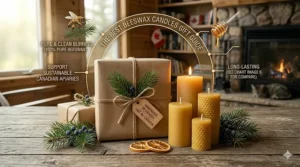 An illustration of beautifully wrapped holiday gifts featuring natural products, highlighting the best beeswax candles as a top Canadian eco-friendly gift idea.