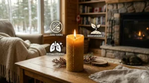 An infographic illustrating the health benefits of burning the best beeswax candles, highlighting non-toxic, hypoallergenic, and clean-burning properties.