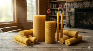 An illustration showcasing different varieties of the best beeswax candles, including textured honeycomb rolled sheets, smooth pillars, and elegant dinner tapers.