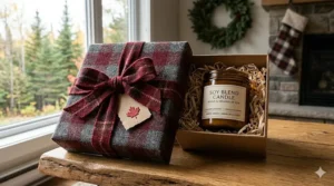 Product illustration of a premium soy blend candle with a bilingual English and French Canadian label.