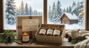 Hand-poured holiday candle gift sets with bilingual English and French labels (Joyeuses Fêtes) for Canadian shoppers.
