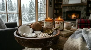 A minimalist lifestyle graphic featuring scented coconut wax candles with bilingual English and French text for Canadian home wellness.