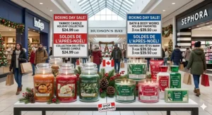Holiday collection candles from Yankee and Bath and Body Works featured during a Canadian Boxing Day sale.