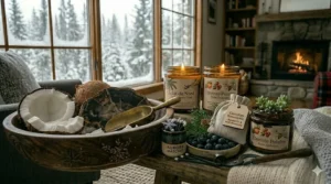 A seasonal scent profile illustration displaying boreal forest and balsam fir fragrance notes used in Canadian coconut wax candles.