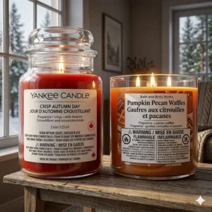 Infographic comparing burn time and wax quality of Yankee Candle and Bath and Body Works 3-wick jars.