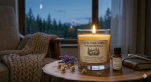 A chamomile-scented candle on a bedside table, designed to promote restful sleep.
