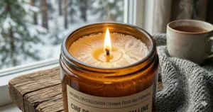 Graphic showing the non-toxic, clean-burning benefits of sustainable palm wax candles, producing no soot or indoor air pollution.