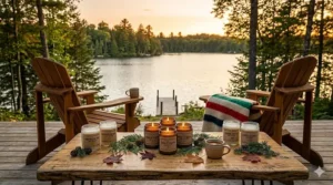 An artistic rendering of 100% soy candles on a Muskoka chair overlooking a serene Canadian lake.