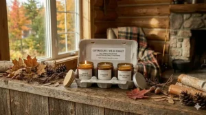 A rustic "Cottage Core" illustration of a candle gift set burning inside a cozy cabin during a Canadian autumn.