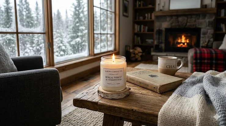 A glowing luxury coconut wax candle lit on a wooden table inside a cozy Canadian living room with a snowy winter forest window view.