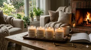 Cozy living room scented candles set near a fireplace.