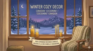 A photorealistic 4K illustration of glowing 100% Canadian beeswax candles on a windowsill, providing warm light against a snowy mountain view for Canadian winter 'cocooning.'