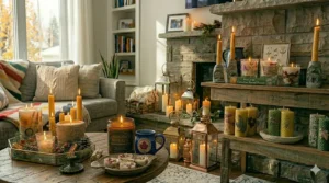 Decorative candle ensemble enhancing the cozy vibe of a living room space.