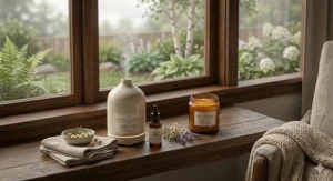 Soft, dim lighting from a bedroom candle, perfect for winding down before bedtime.