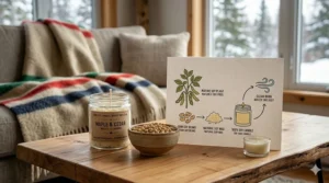 An illustration of natural soy beans and a degradable jar representing eco-friendly 100% soy candles made in Canada.