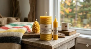 A high-detail, realistic illustration of natural, golden beeswax candles with honeycomb textures and a clean-burning flame, emphasizing sustainable and eco-friendly Canadian-made decor.