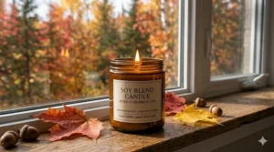 Minimalist illustration of natural soybean ingredients used to create eco-friendly soy blend candles for clean indoor air quality.