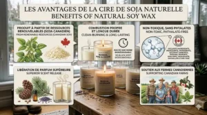 Infographic in English and French showing the sustainable benefits of clean-burning natural soy candles.