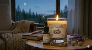 Essential oil candles in a bedroom, part of a calming ritual for better sleep hygiene.