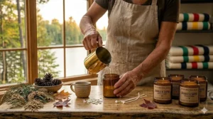 An illustration of the hand-pouring process used to create artisanal 100% soy candles in small Canadian batches.