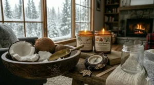 Artisan studio graphic showing the small batch pouring process of handcrafted coconut wax candles made in Canada.