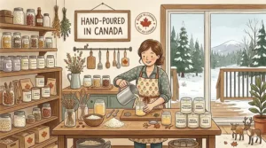 Illustration of a Canadian artisan hand-pouring natural soy candles in a small-batch studio.
