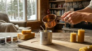 An illustration of an artisan hand-pouring liquid wax, capturing the craft of making the best beeswax candles in Canada.