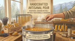 A high-detail, photorealistic 4K illustration focusing on an artisan's hands actively dipping a frame of wicks into melted golden wax to create traditional 100% Canadian beeswax candles.