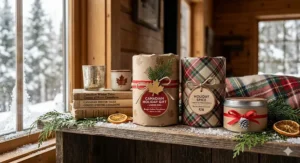 A photorealistic illustration of festive holiday-themed candles wrapped in recycled paper and tied with twine and cedar sprigs, ideal for affordable Canadian gift-giving on a budget.