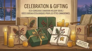 A detailed photorealistic 4K illustration of warm 100% Canadian beeswax candles arranged with beautifully wrapped, sustainable gift boxes for an eco-conscious Canadian holiday celebration.