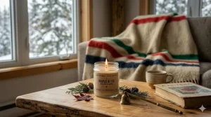 Hand-drawn illustration of a 100% soy candle glowing next to a window with falling snow, perfect for Canadian winters.