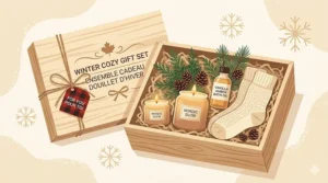 Illustration of a winter gift box containing vanilla amber candles, perfect for Canadian holiday gifting.