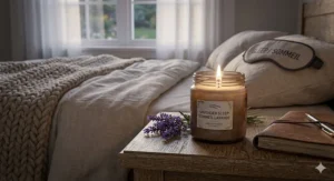 Soothing lavender-scented bedroom candles on a nightstand for improved sleep quality.