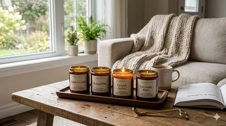 Elegant living room scented candles set on a coffee table.