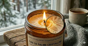 Infographic comparing the slow, long-lasting burn time of sustainable palm wax candles against standard paraffin wax.