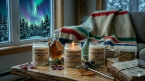 Illustration of a 100% soy candle surrounded by autumn maple leaves, highlighting locally-inspired Canadian scents.