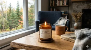 Autumn-themed illustration featuring a soy blend candle surrounded by Canadian maple leaves, representing warm seasonal scents.